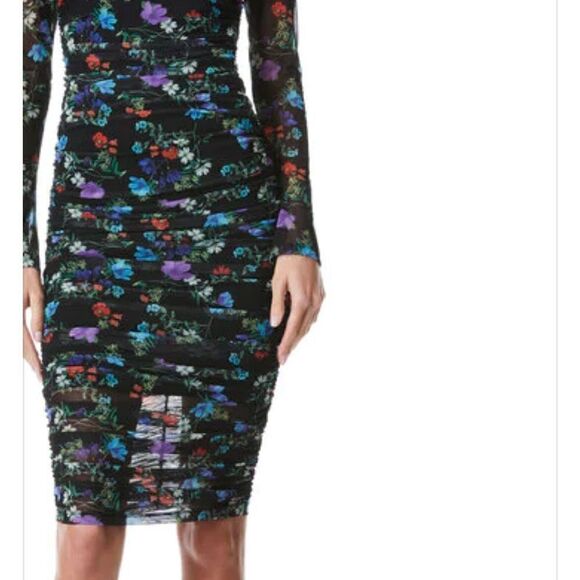ALICE + OLIVIA DELORA FLORAL RUCHED STRETCH MESH BODY-CON BLACK DRESS sz 4 - Picture 10 of 11